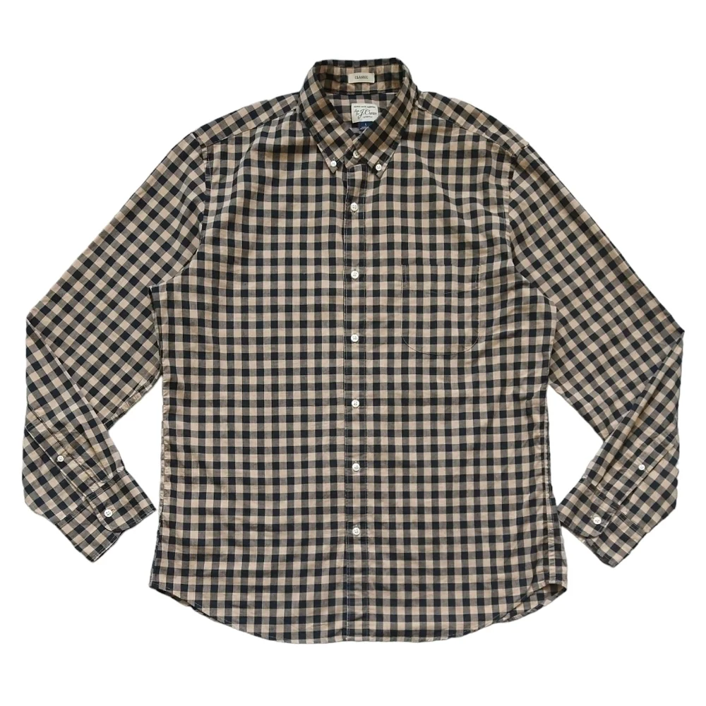J. Crew Secret Wash Beige and Black Gingham Button-Down Shirt